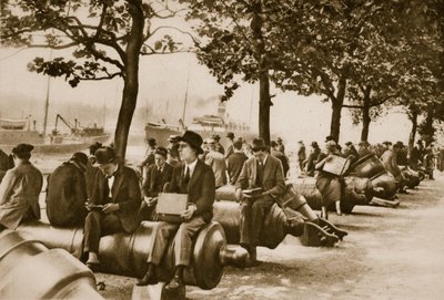 City workers lunch at Tower wharf, seated on old cannons by English Photographer